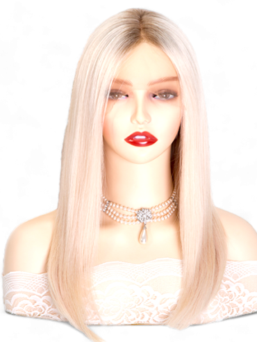14'' Length Wig. Bob Style. 100% Hand-tied Monofilament Wig. White Blonde with Soft Roots.