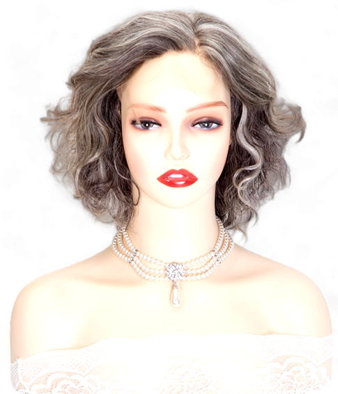 Image: Margaret Salt and Pepper Wig - 10" length, European Remy hair with monofilament Swiss lace front. Versatile wave texture for beachy waves or bouncy bob. Subtle salt and pepper colouring for sophistication.