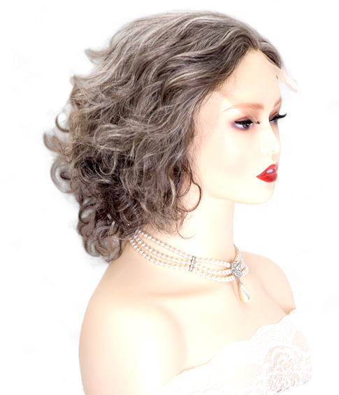 Image: Margaret Salt and Pepper Wig - 10" length, European Remy hair with monofilament Swiss lace front. Versatile wave texture for beachy waves or bouncy bob. Subtle salt and pepper colouring for sophistication.