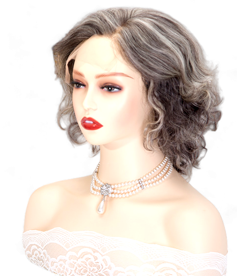 Image: Margaret Salt and Pepper Wig - 10" length, European Remy hair with monofilament Swiss lace front. Versatile wave texture for beachy waves or bouncy bob. Subtle salt and pepper colouring for sophistication.