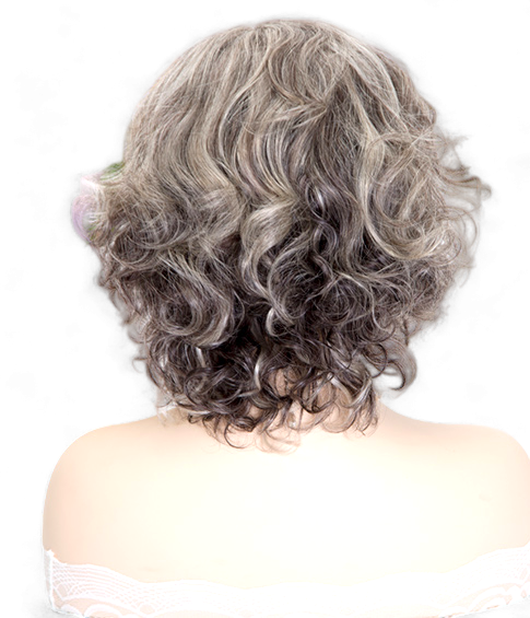 Image: Margaret Salt and Pepper Wig - 10" length, European Remy hair with monofilament Swiss lace front. Versatile wave texture for beachy waves or bouncy bob. Subtle salt and pepper colouring for sophistication.