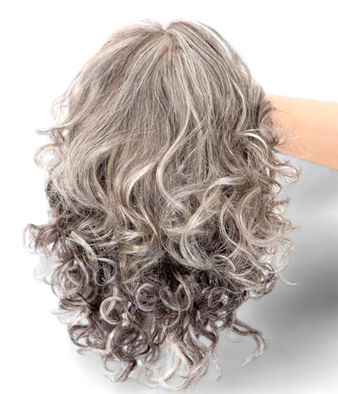 Image: Margaret Salt and Pepper Wig - 10" length, European Remy hair with monofilament Swiss lace front. Versatile wave texture for beachy waves or bouncy bob. Subtle salt and pepper colouring for sophistication.
