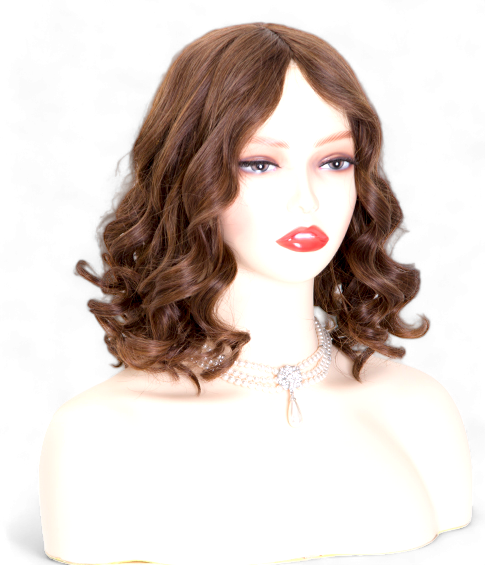 Image: Victoria Brunette Wig - 12" length, warm brown shade with subtle highlights and lowlights. Premium Remy Human Hair blend for soft, natural feel. 4x4 inch silk top for undetectable hairline.