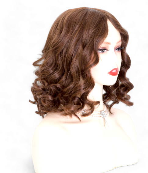 Image: Victoria Brunette Wig - 12" length, warm brown shade with subtle highlights and lowlights. Premium Remy Human Hair blend for soft, natural feel. 4x4 inch silk top for undetectable hairline.