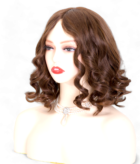 Image: Victoria Brunette Wig - 12" length, warm brown shade with subtle highlights and lowlights. Premium Remy Human Hair blend for soft, natural feel. 4x4 inch silk top for undetectable hairline.