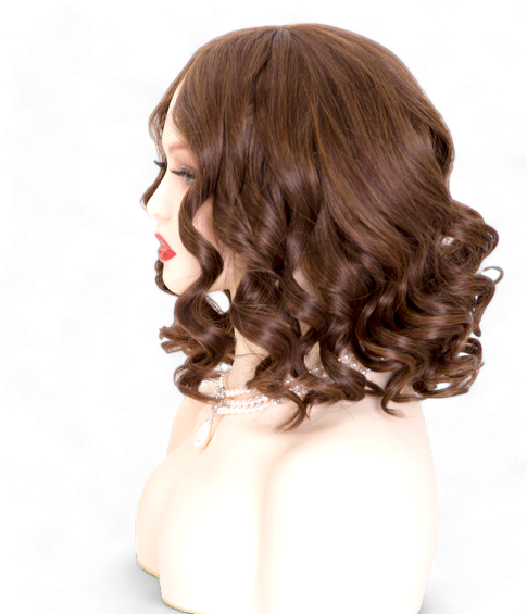 Image: Victoria Brunette Wig - 12" length, warm brown shade with subtle highlights and lowlights. Premium Remy Human Hair blend for soft, natural feel. 4x4 inch silk top for undetectable hairline.