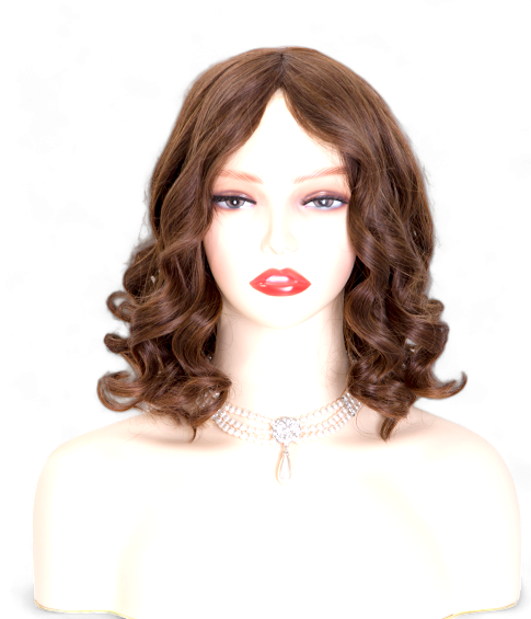 Image: Victoria Brunette Wig - 12" length, warm brown shade with subtle highlights and lowlights. Premium Remy Human Hair blend for soft, natural feel. 4x4 inch silk top for undetectable hairline.